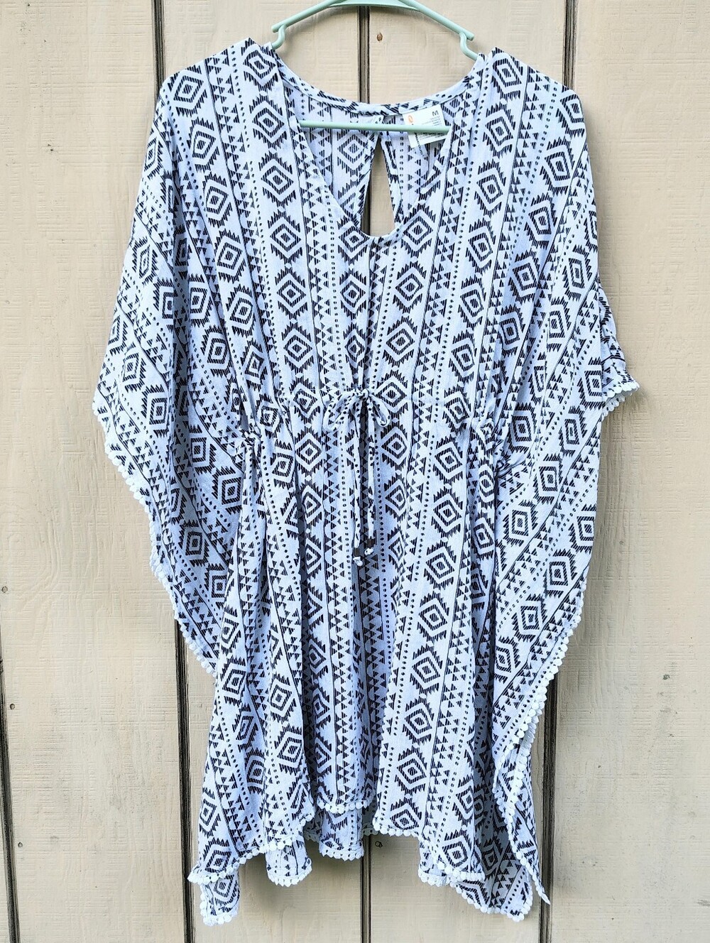 O'Rangeous Swim Cover-Up M Black White Geometric 100% Cotton Cinch Tie Waist